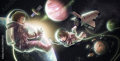 Astronaut couple flying in space for universe exploration adventure with space shuttle satellite earth planet and stars in the background for children education in retro