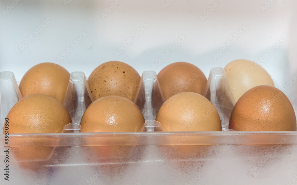 Raw Eggs in refrigerator shelf closeup Raw Eggs in refrigerator shelf closeup