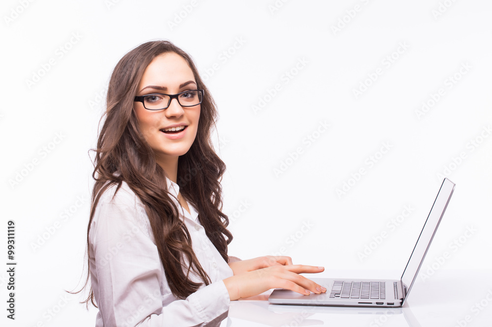 Laptop woman. Business Woman with glasses using laptop computer pc. Isolated on white background. Laptop woman. Business Woman with glasses using laptop computer pc. Isolated on white background.