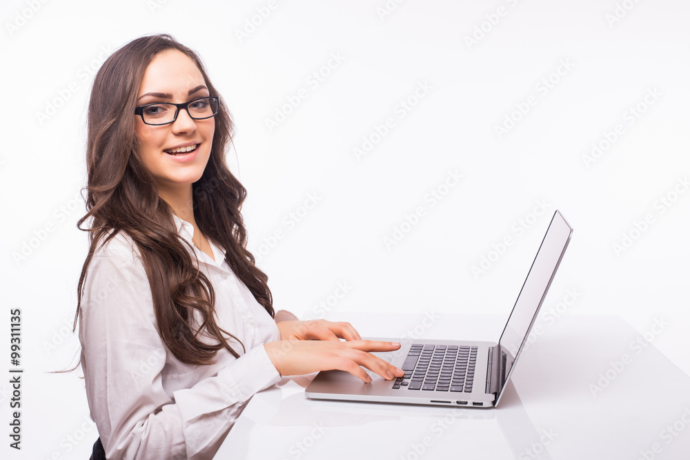 Laptop woman. Business Woman with glasses using laptop computer pc. Isolated on white background. Laptop woman. Business Woman with glasses using laptop computer pc. Isolated on white background.