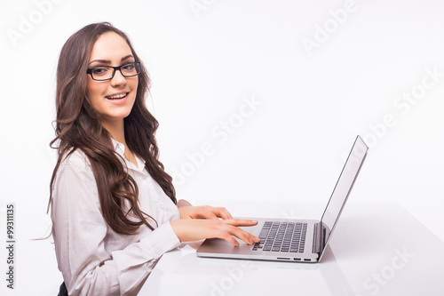 Laptop woman. Business Woman with glasses using laptop computer pc. Isolated on white background.