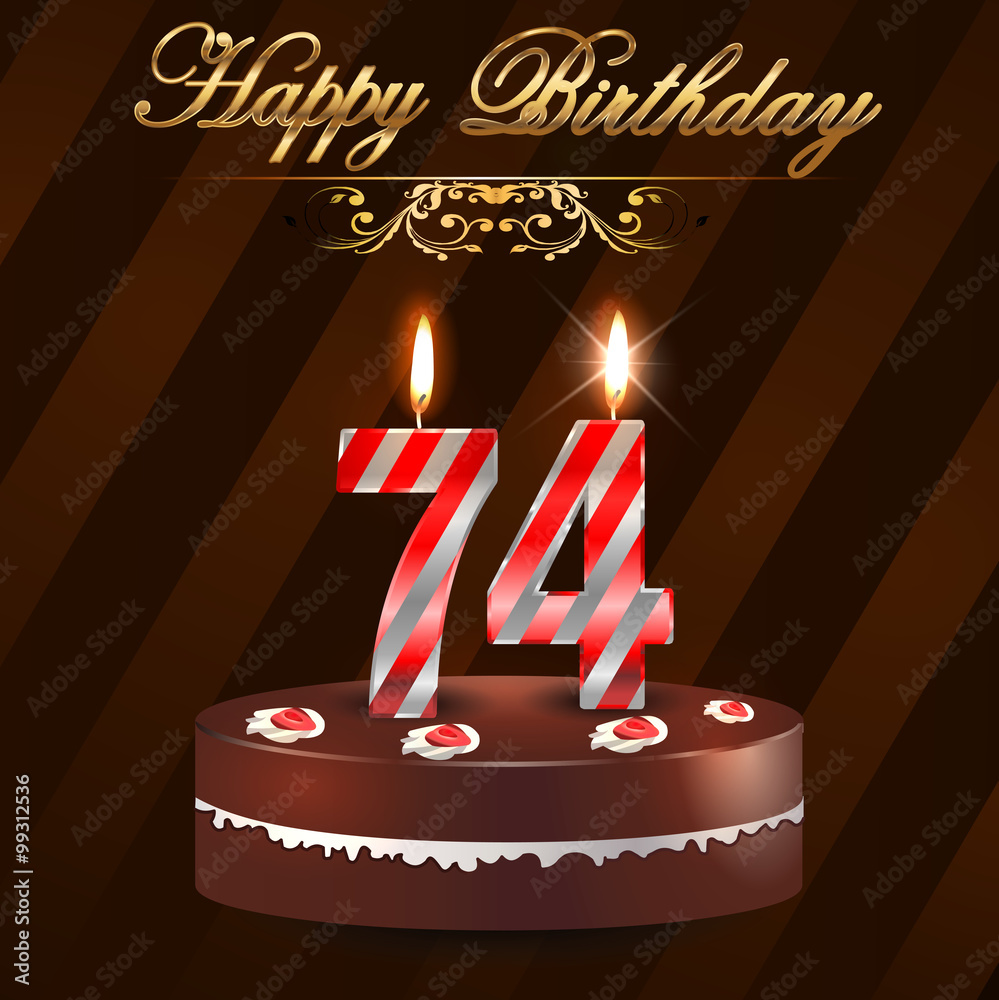 74 year Happy Birthday Card with cake and candles, 74th birthday