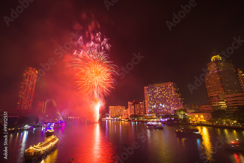 Firework with smoke at Chao Phraya River in countdown celebration party 2016 Bangkok Thailand