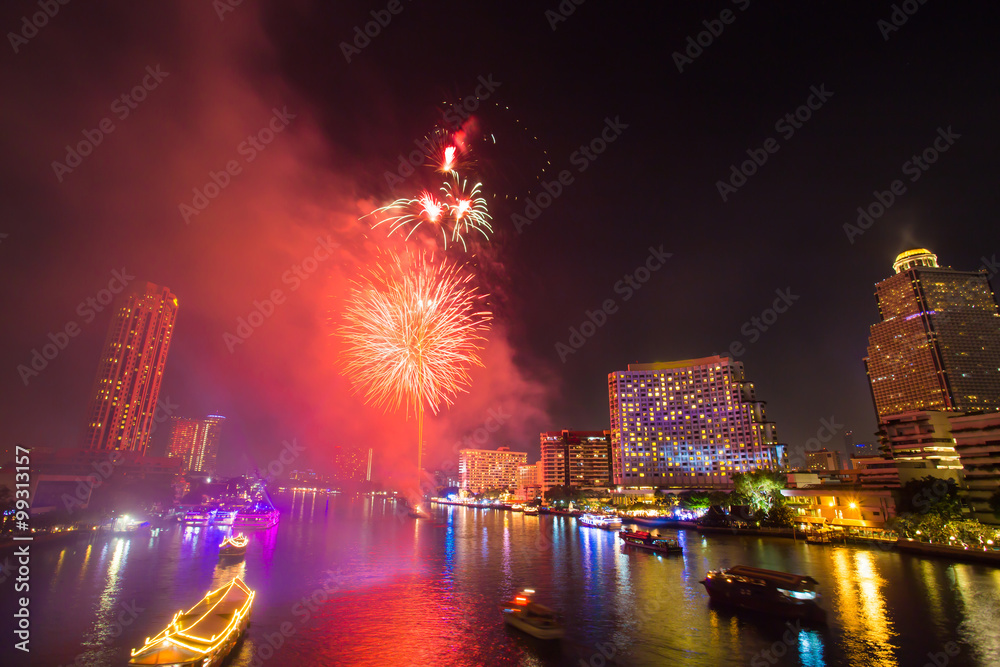 Firework with smoke at Chao Phraya River in countdown celebration party 2016 Bangkok Thailand Firework with smoke at Chao Phraya River in countdown celebration party 2016 Bangkok Thailand