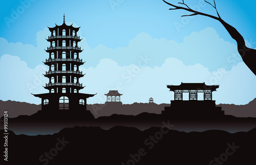 Different Chinese architecture on mountain in scene. This is illustration about China background