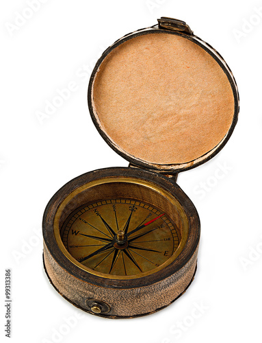 Vintage copper compass in a leather case isolated on a white background.