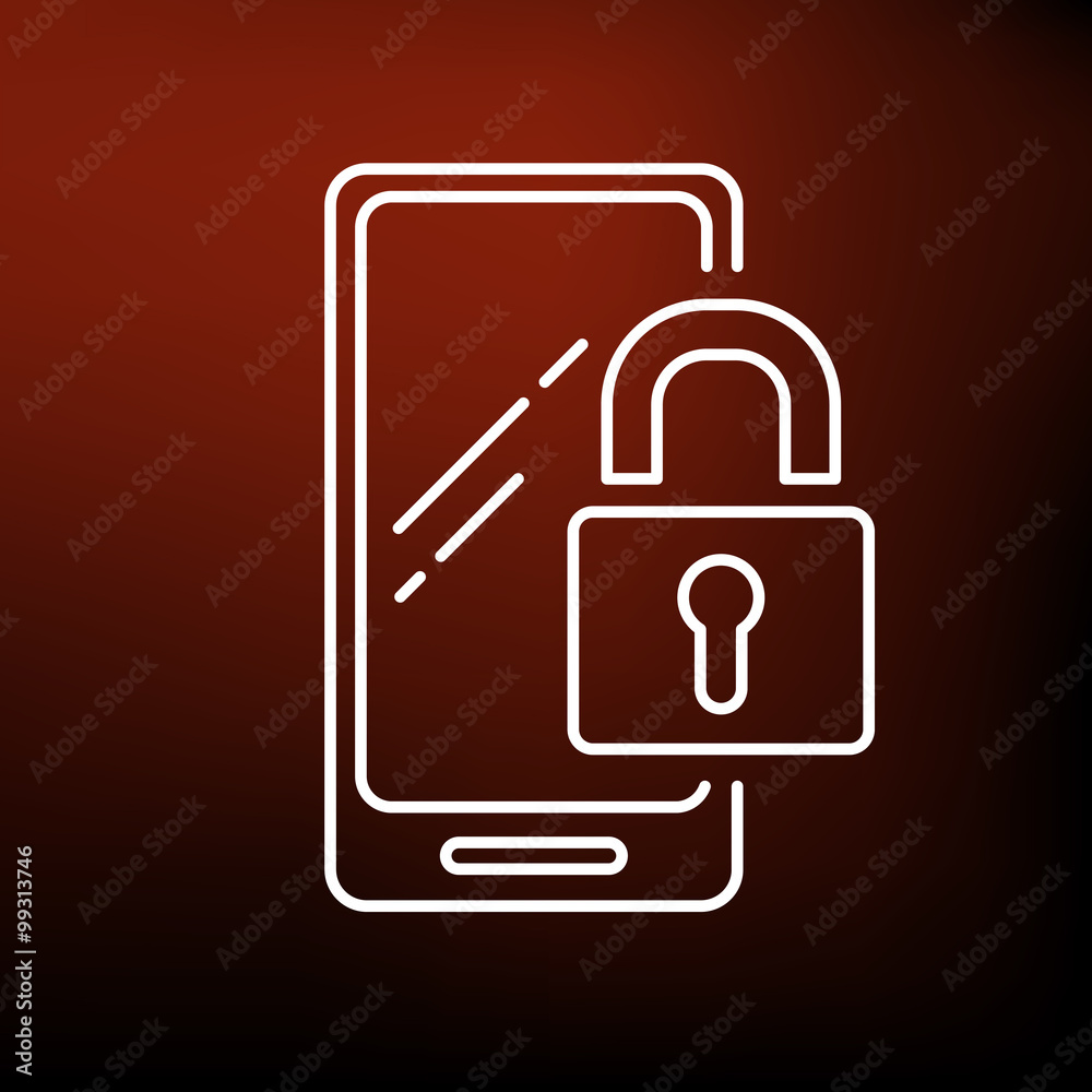 Secure lock mobile smartphone icon. Padlock cellphone sign. Mobile encrypted password symbol. Thin line icon on red background. Vector illustration. Secure lock mobile smartphone icon. Padlock cellphone sign. Mobile encrypted password symbol. Thin line icon on red background. Vector illustration.