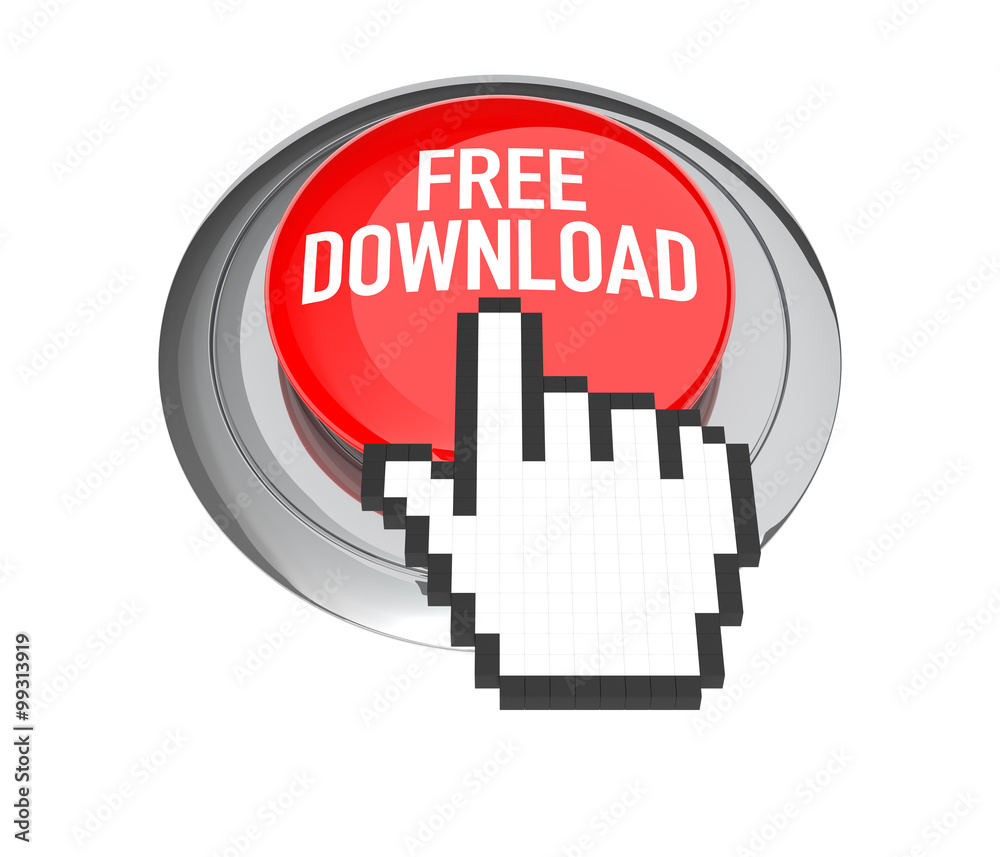 Mouse Hand Cursor on Red Free Download Button. 3D Illustration.