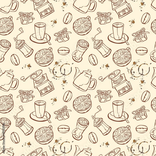 Coffee background. Vector seamless illustration: coffee pot, coffee cup, coffee grinder, coffee beans, coffee stains and coffee dessert. 