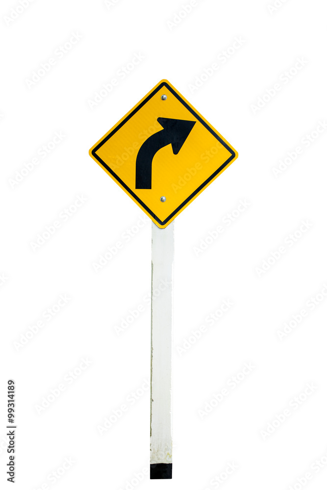 yellow right turn road sign,with clipping path. yellow right turn road sign,with clipping path.