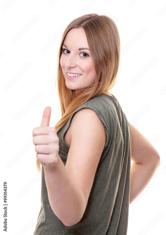 Attractive young woman showing thumbs up Attractive young woman showing thumbs up