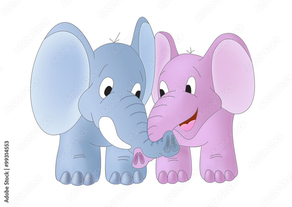 Naklejka premium Dwa słonie z poskręcanymi trąbami