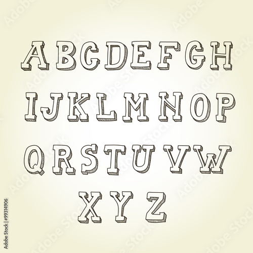 Hand drawn font, retro alphabet vintage style.