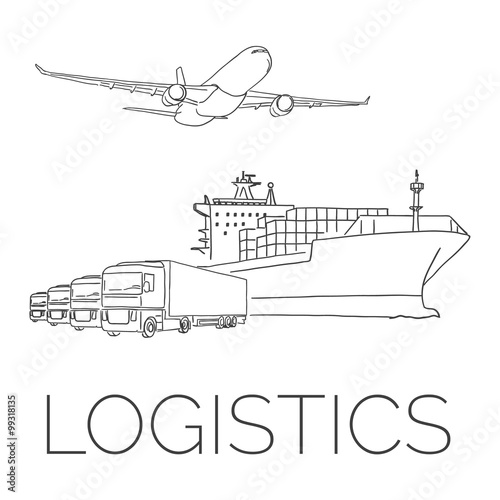 Logistics sign with plane, trucks and container ship vector illustration