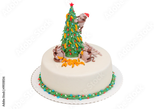 christmas cake 2016 with happy monkey, bananas and tree isolated