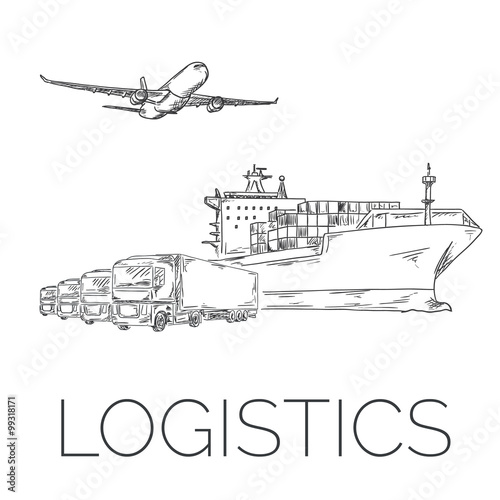 Logistics sign with plane, trucks and container ship vector illustration