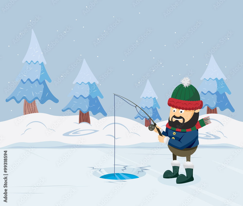 Winter fishing. Ice fishing and winter landscape. Vector cartoon simple  illustration. Stock Vector