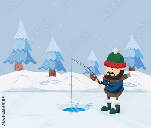 Winter fishing. Ice fishing and winter landscape. Vector cartoon simple illustration.