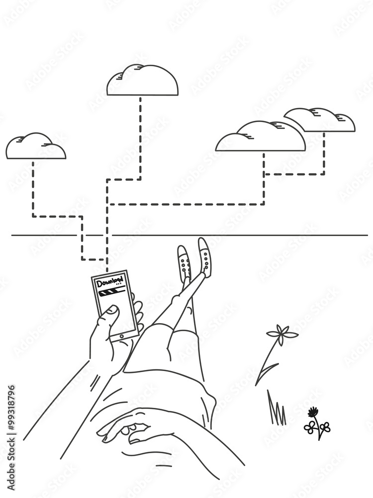A man lying on the grass connecting to cloud data servers