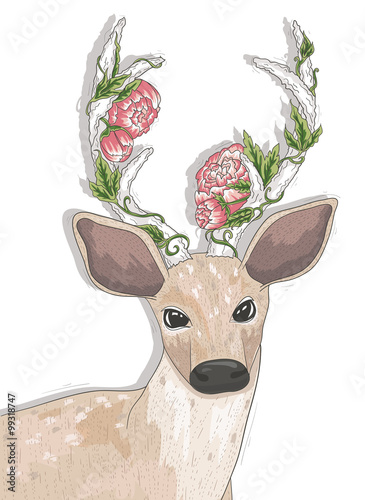 Cute hipster deer with flowers on his horns.