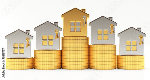 Silver and golden houses on stacks of coins isolated on white background
