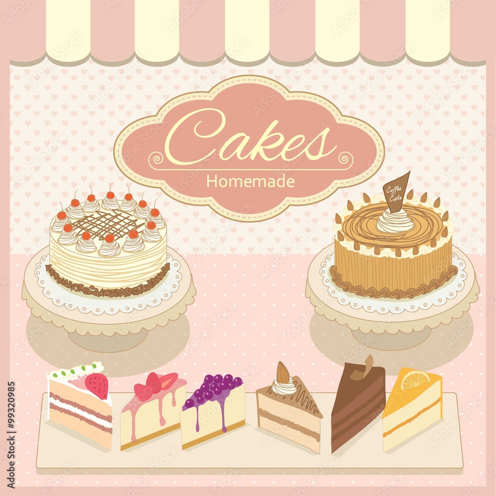 Vector drawing home made cakes cafe display in cafe&bakery shop. Vector drawing home made cakes cafe display in cafe&bakery shop.