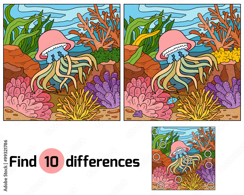 Fototapeta premium Find differences, game for children (jellyfish and background)