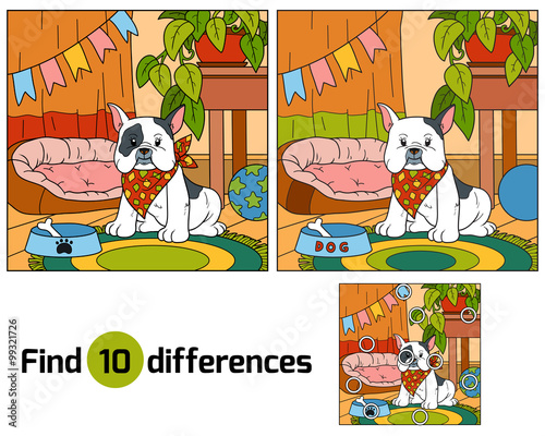 Find differences, game for children (french bulldog and backgrou