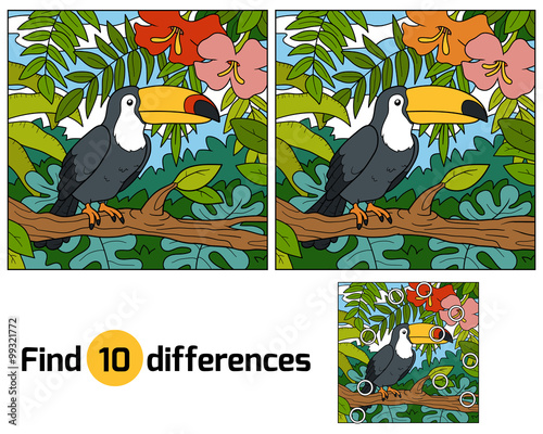 Find differences, game for children (toucan and background)