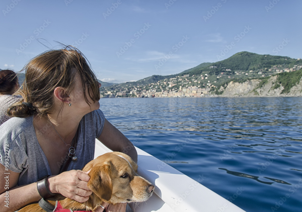 Woman and dog on board
