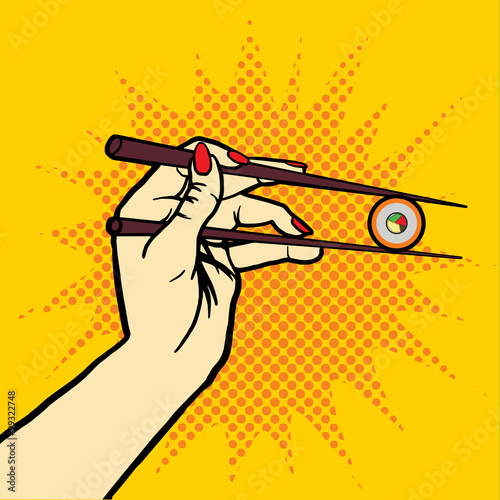Hand with chopsticks and sushi pop art vector