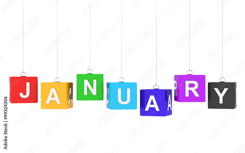 January text on colored hanging cubes