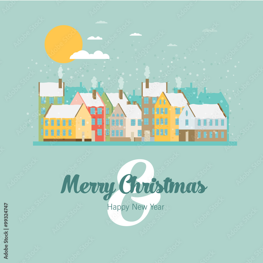 Christmas city greeting card - snowy street. Vector illustration
