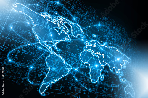 World map on a technological background, glowing lines symbols of the Internet, radio, television, mobile and satellite communications.