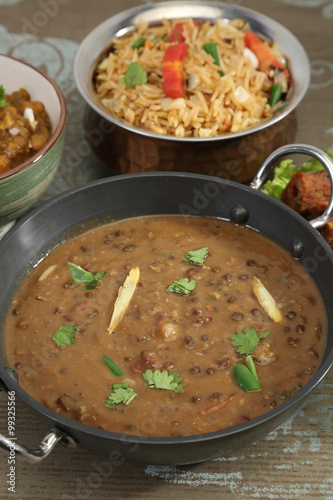 Indian Dal Makhani with Pulav or Vegetable Pulao and Chana Masal photo