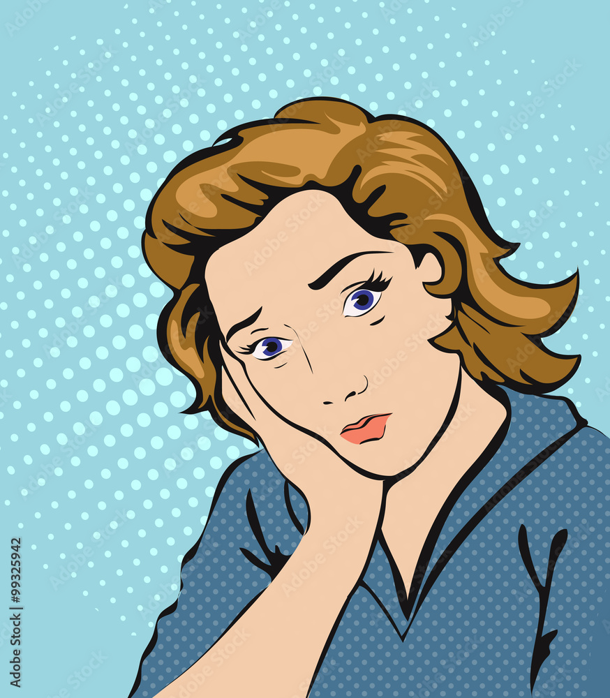 Sad woman face pop art retro.  illustration of a sadness.