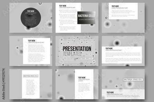 Set of 9 vector templates for presentation slides. Molecular research, cells in gray, science background