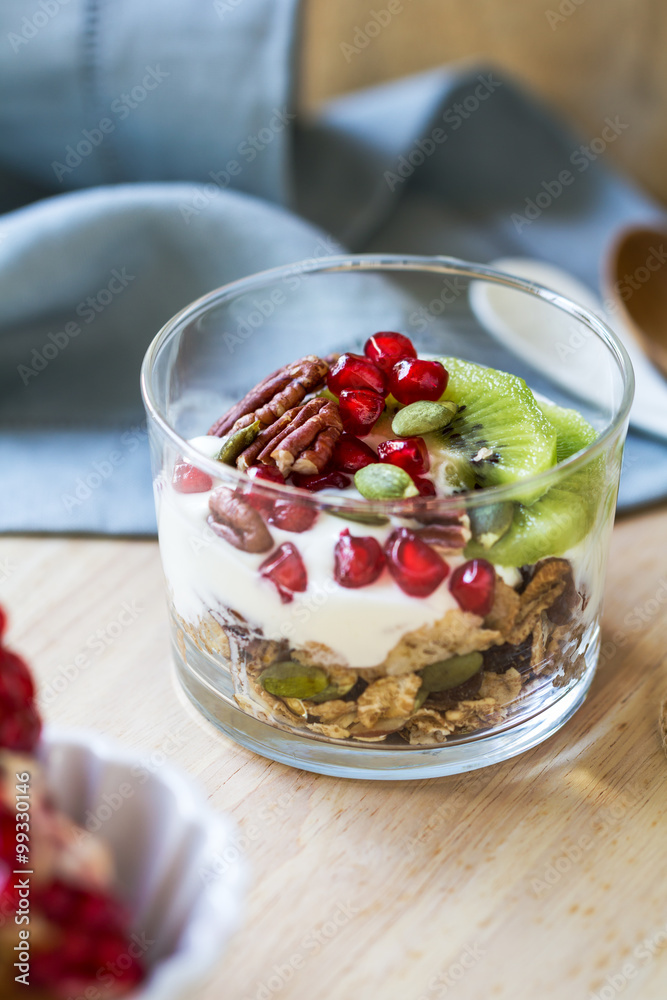 Granola with Greek yogurt ,Kiwi and Pomegranate Granola with Greek yogurt ,Kiwi and Pomegranate