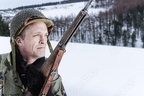 World war 2 era American Soldier in a snowy landscape