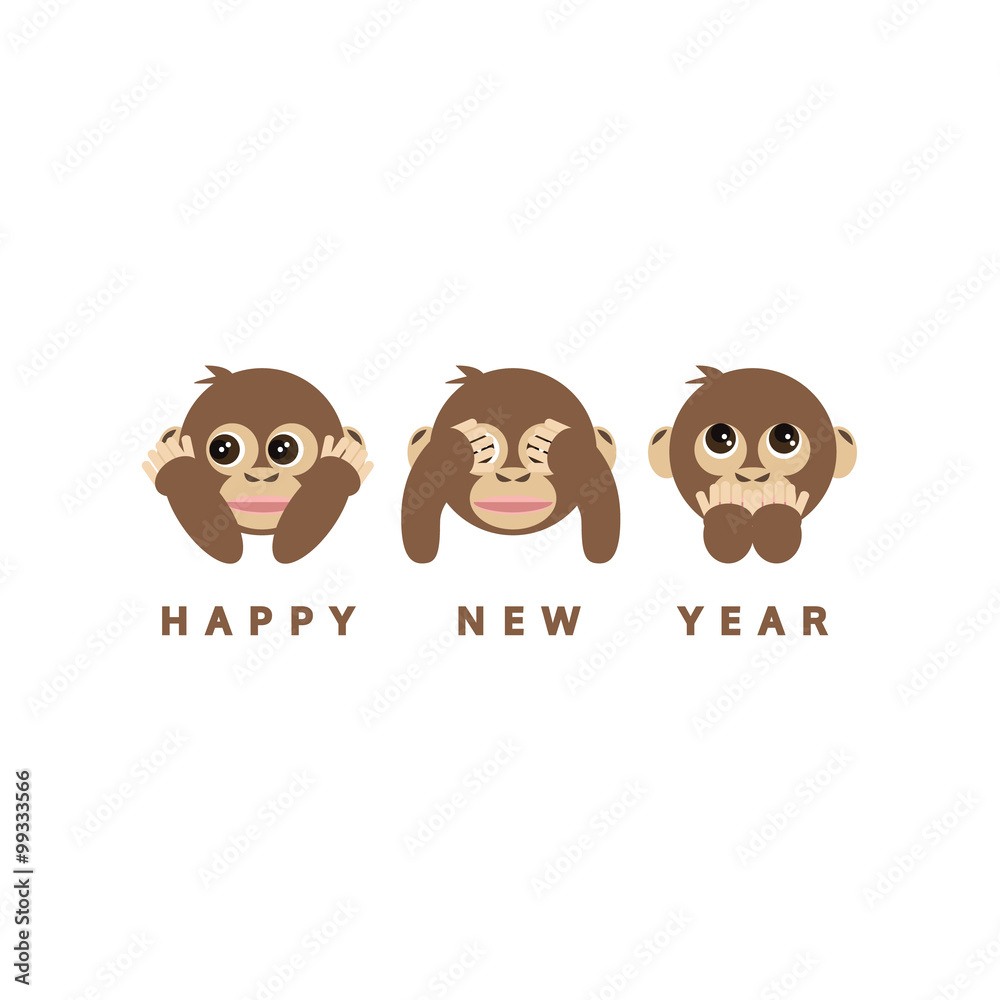 three wise monkeys, happy new year 2016 card, vector
