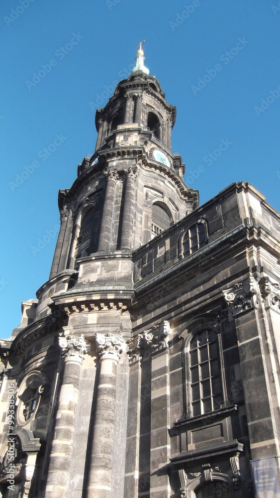 A fragment of a baroque tower of the Old Masters Picture Gallery in Dresden, Germany