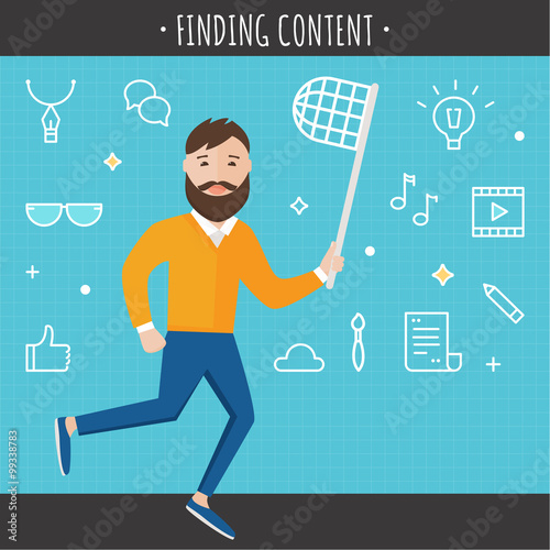 Man with Butterfly Net Surrounded by Internet Icons. Finding Content Concept Illustration. 