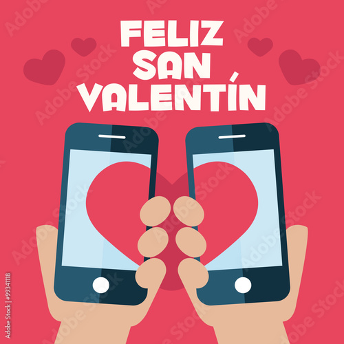 Happy Valentines Day. Smart phone couple on hand flat icon, vector illustration

