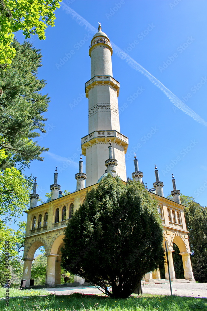 minaret in castle gardens Lednice, Moravia, Czech republic