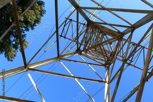 View from the bottom up on a power transmission tower