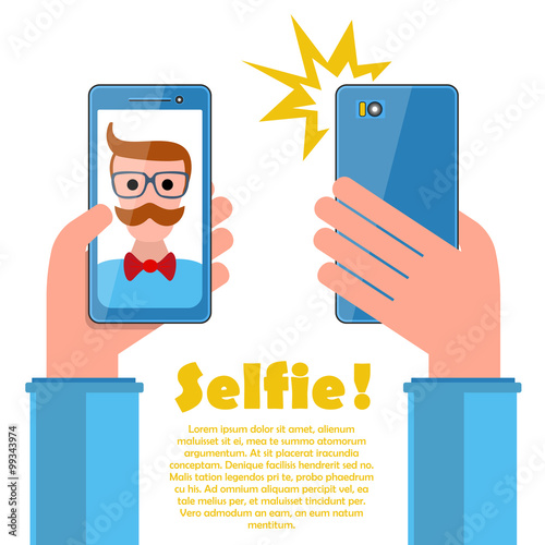 Selfie poster with hipster holding smartphone vector.