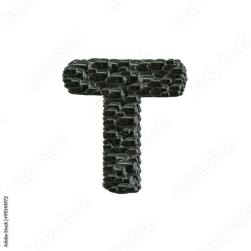 Closeup pile of black stone in T english alphabet isolated on white background