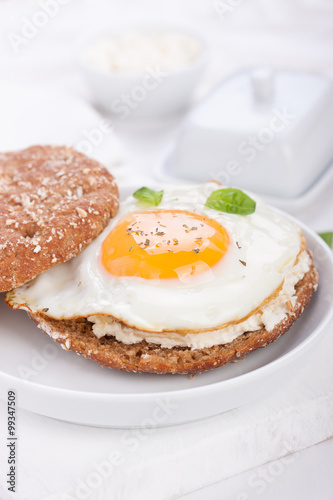 Bun with egg, cottage cheese and fresh basil on a white plate for breakfast. closeup.