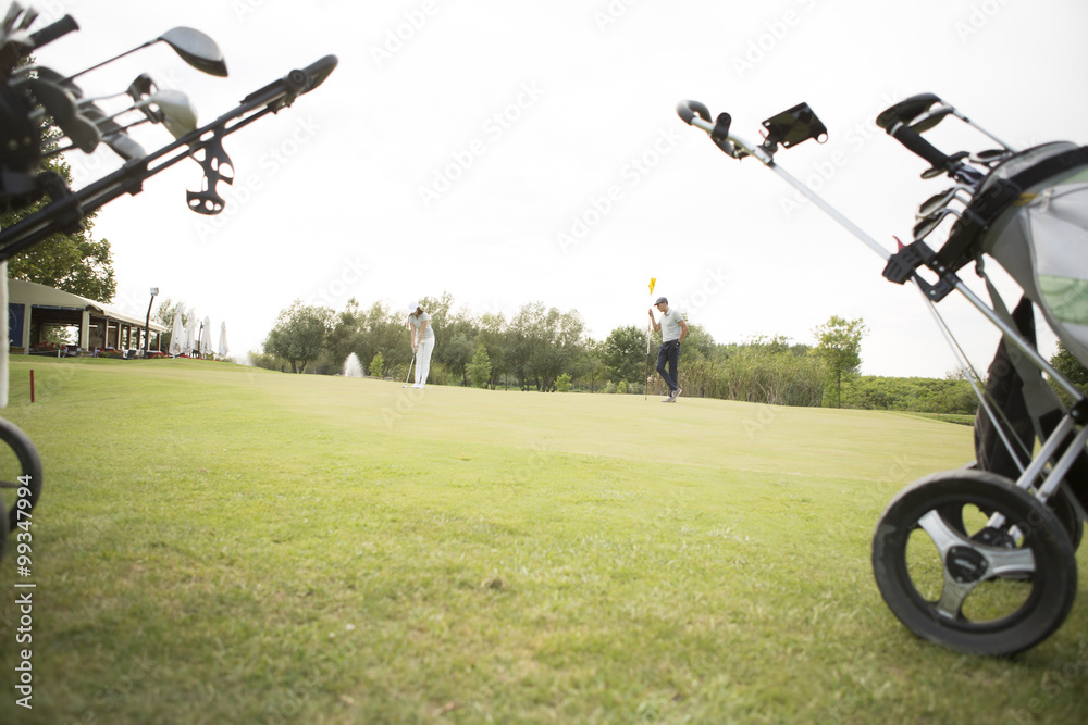 Obraz premium Golf bag with clubs on green field