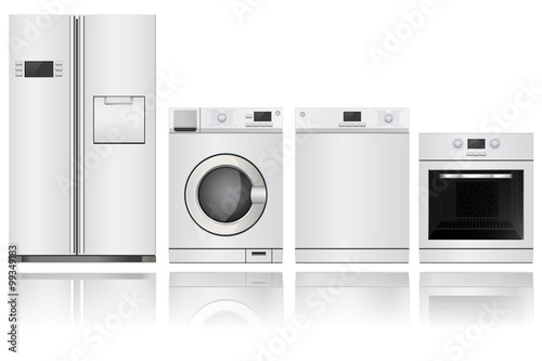 Home appliances. Set of household kitchen technics: electric Oven, Dishwasher, refrigerator, washing machine. 